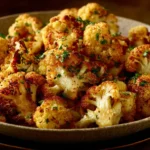 Crispy oven roasted cauliflower on a plate, garnished and ready to serve.