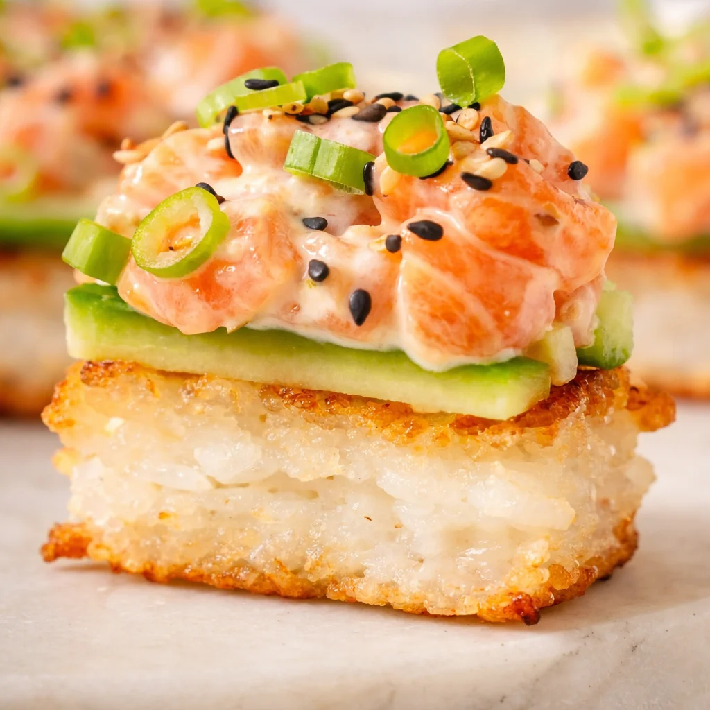 Plate of Salmon Crispy Rice garnished with herbs and sauces.