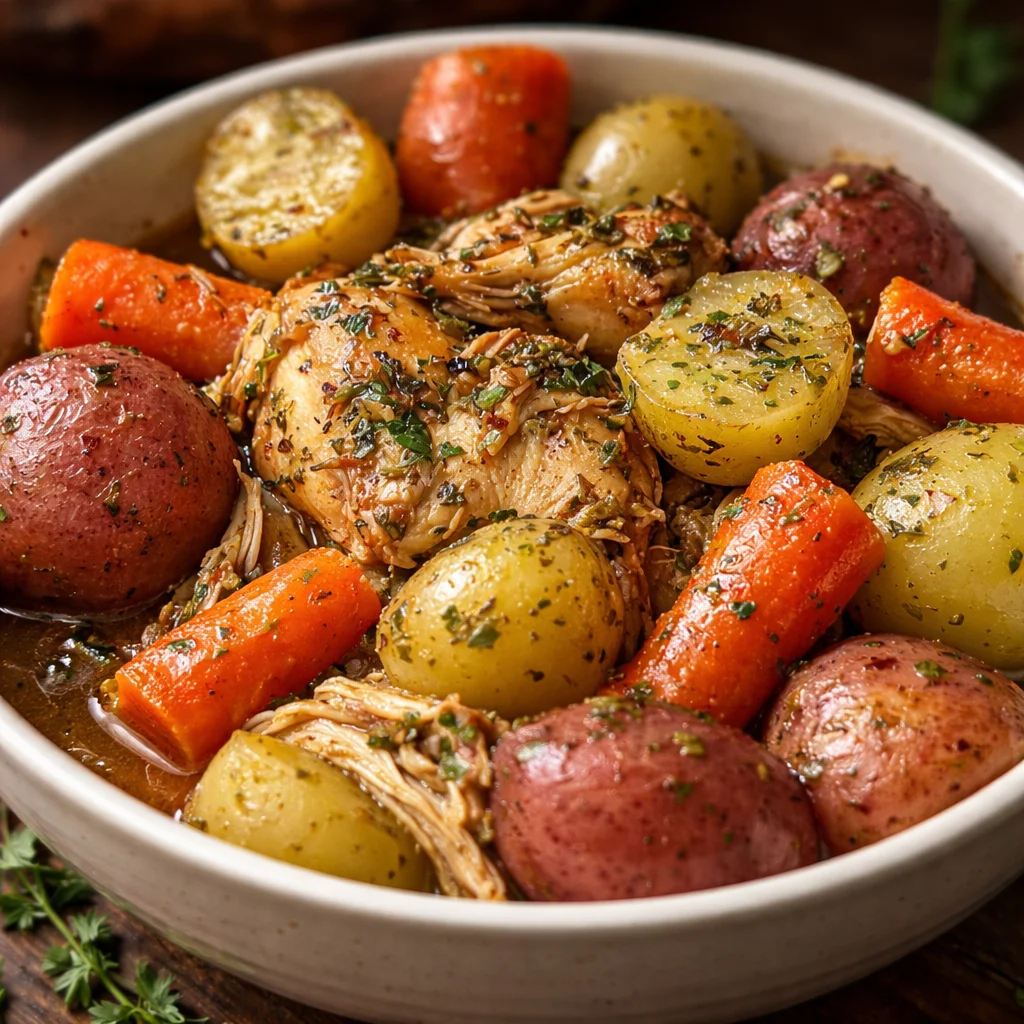 Crock Pot Garlic Butter Chicken with Potatoes and Carrots in slow cooker
