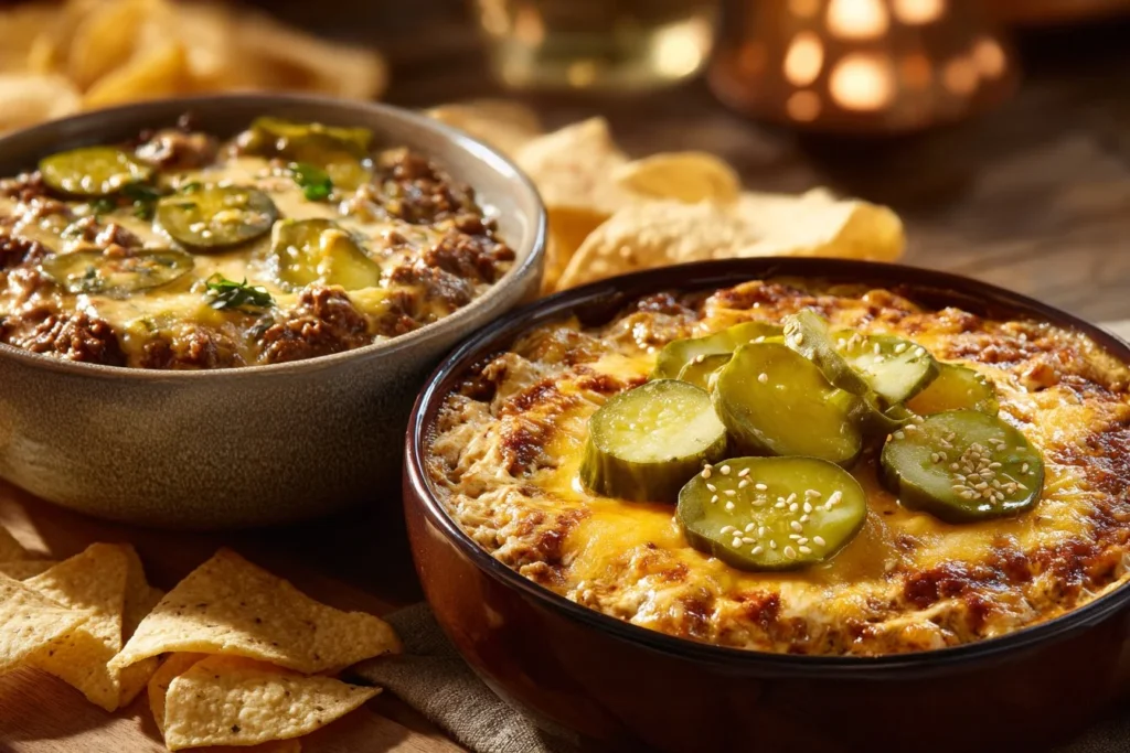 Crockpot Big Mac Dip in a serving bowl with crackers and fresh ingredients