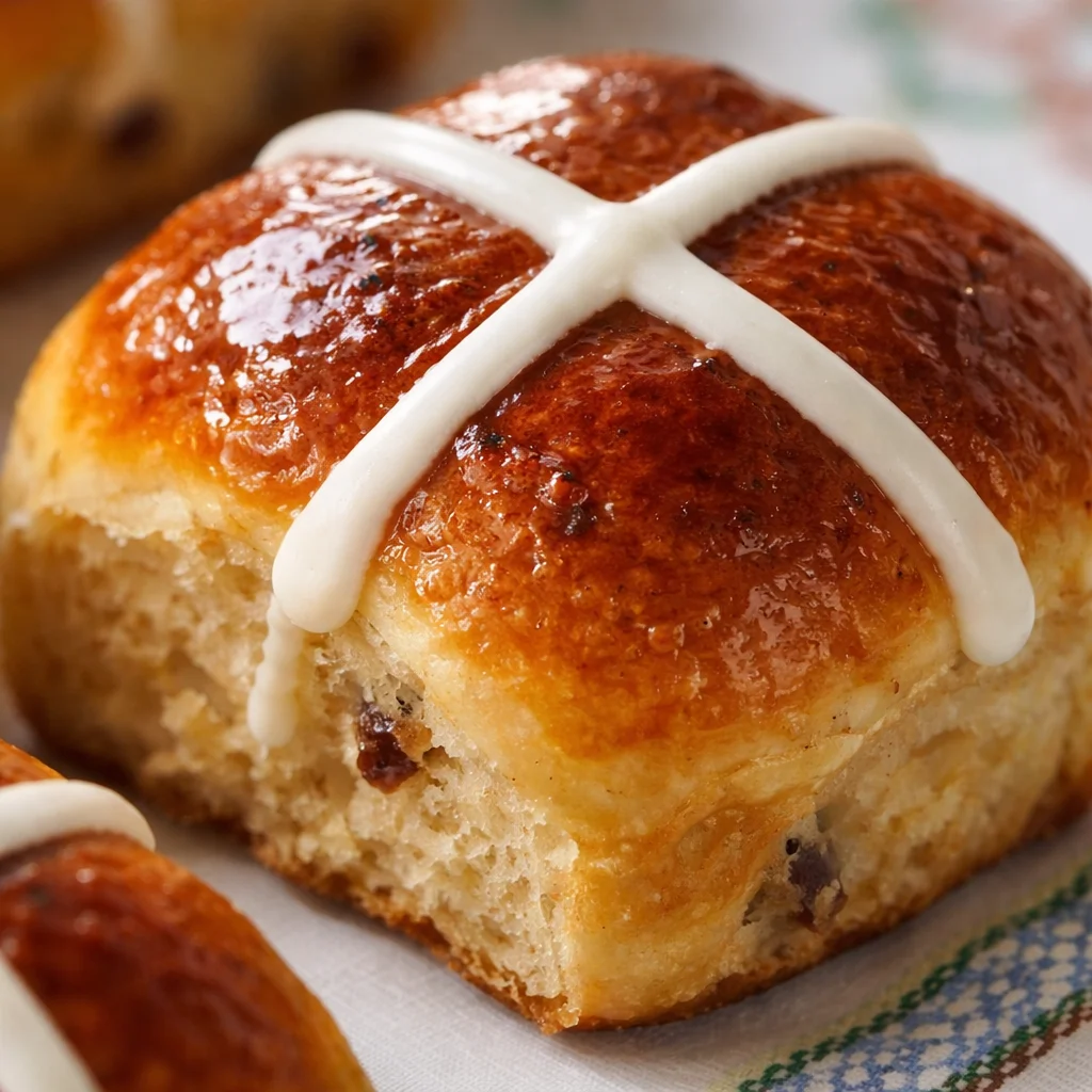 Fluffy homemade hot cross buns with spices and glaze, perfect for Easter.