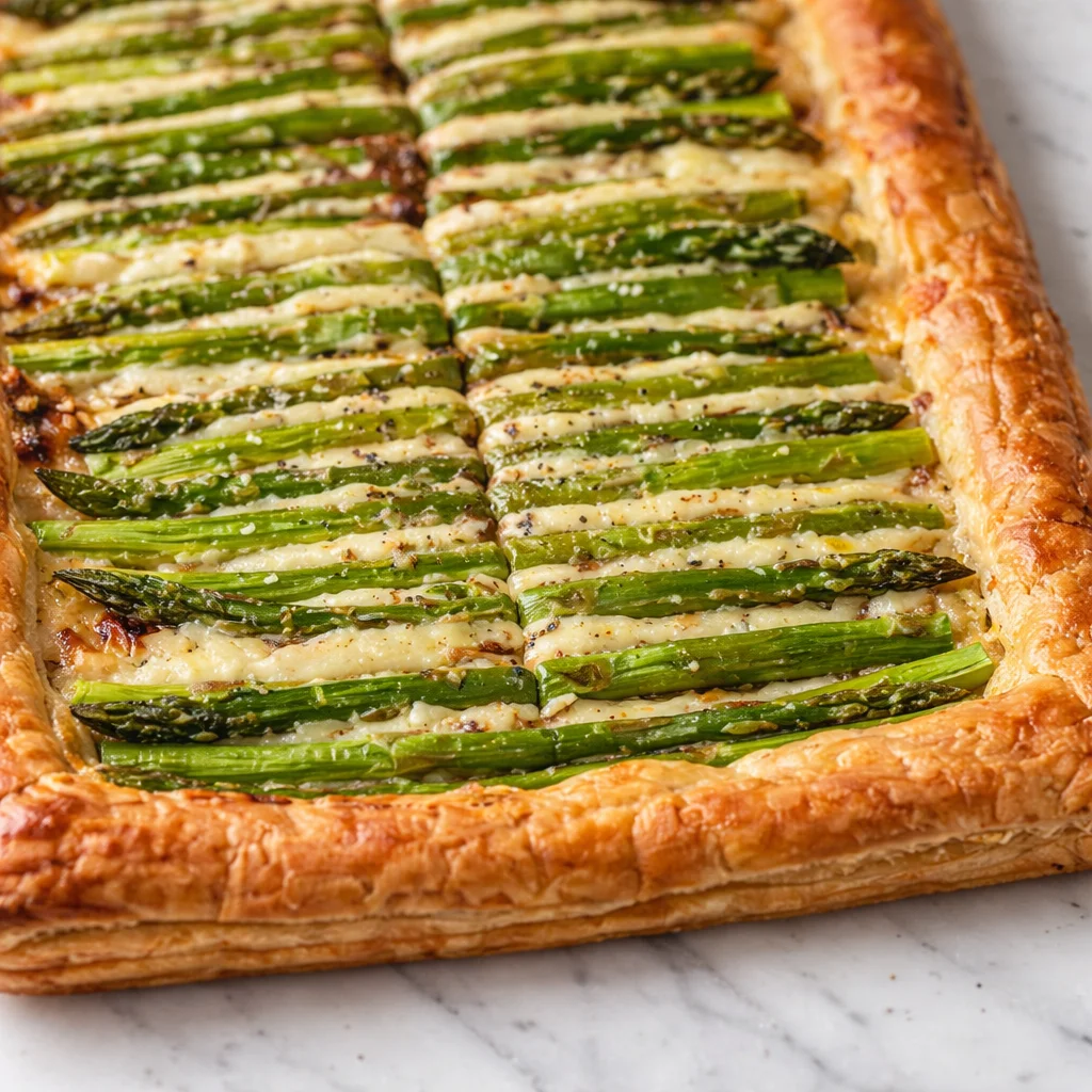 Delicious Asparagus Gruyere Tart with flaky crust and fresh asparagus.