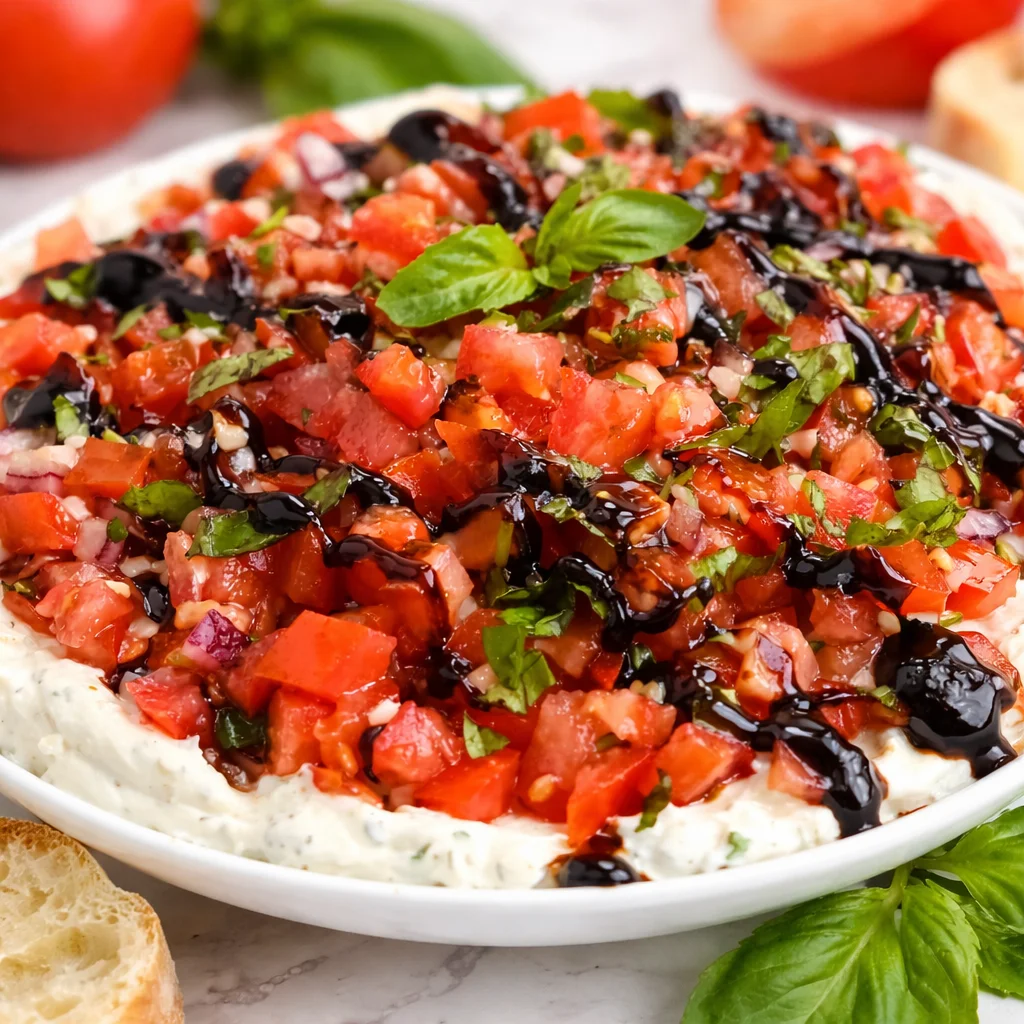 Delicious Bruschetta Dip with creamy cheese topped with tomatoes and basil