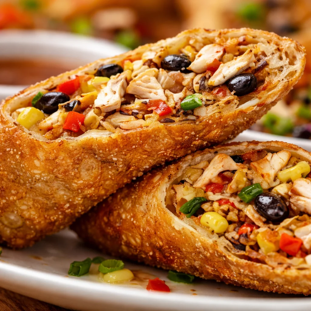 Plate of Chili's Southwest Eggrolls with dipping sauce and fresh ingredients.