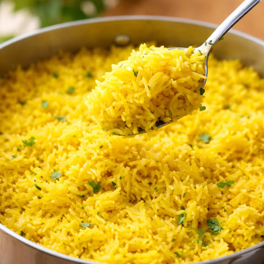 Bowl of fluffy Garlic Turmeric Rice with herbs and spices.