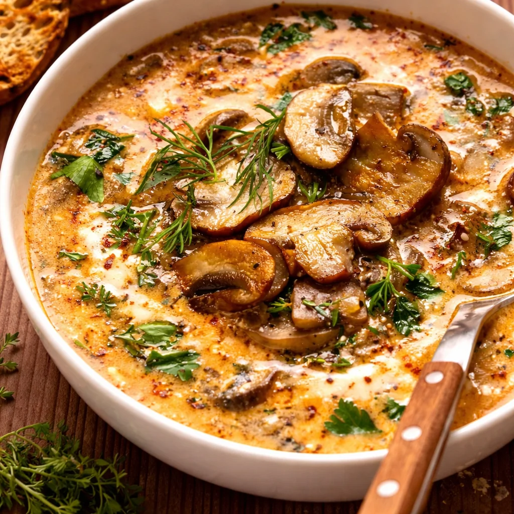 Bowl of creamy Hungarian Mushroom Soup garnished with parsley and dill.