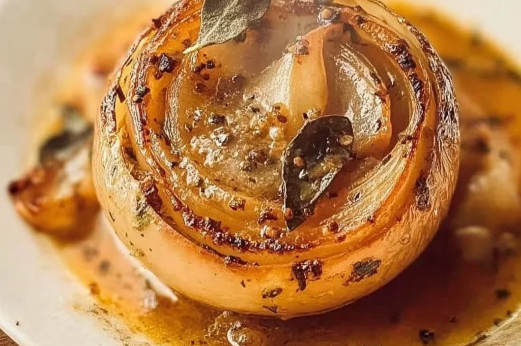 Delicious onion boil served in a colorful dish with herbs and spices