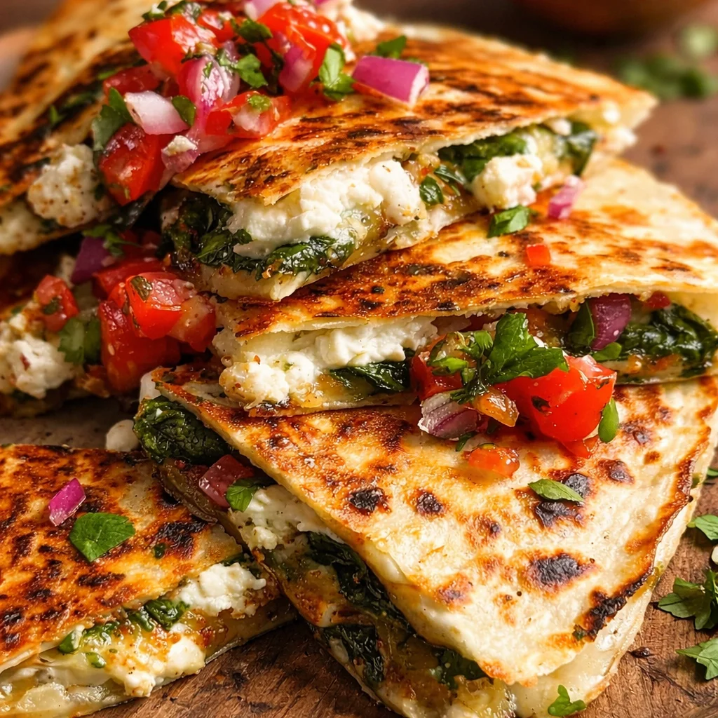 Mediterranean Quesadillas with Spinach, Feta, Mozzarella, and Red Onion served on a plate