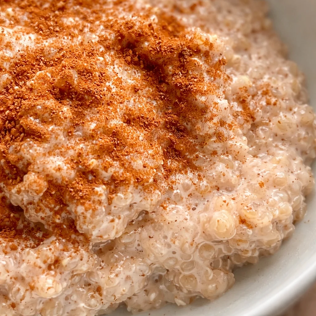 Bowl of creamy quinoa pudding topped with fresh fruits and nuts.
