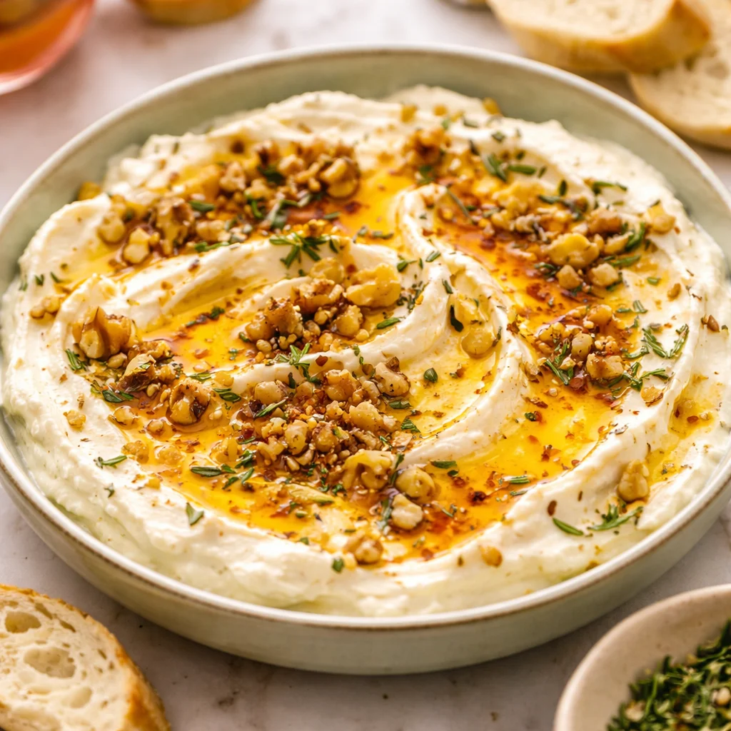 Delicious whipped ricotta dip drizzled with hot honey served with crostini.