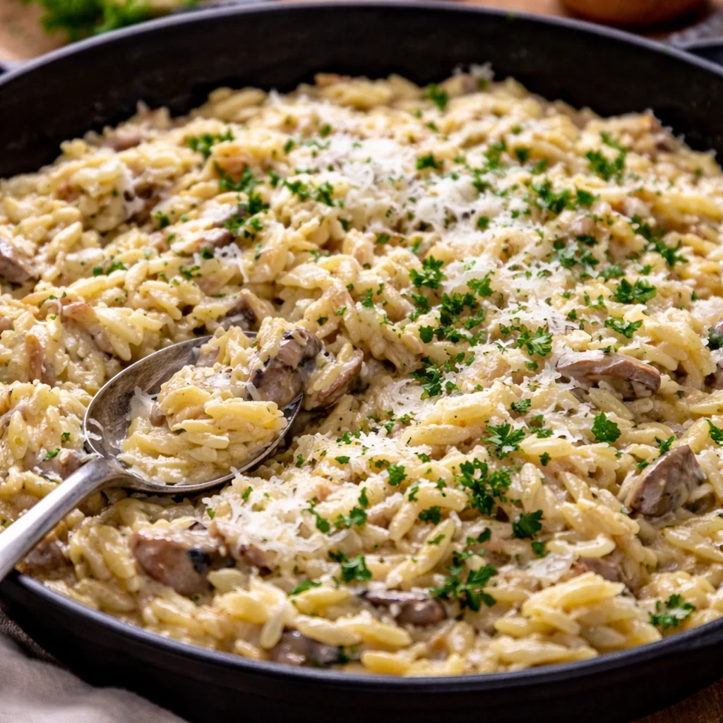 Creamy orzo with mushrooms served in a bowl, garnished with herbs.
