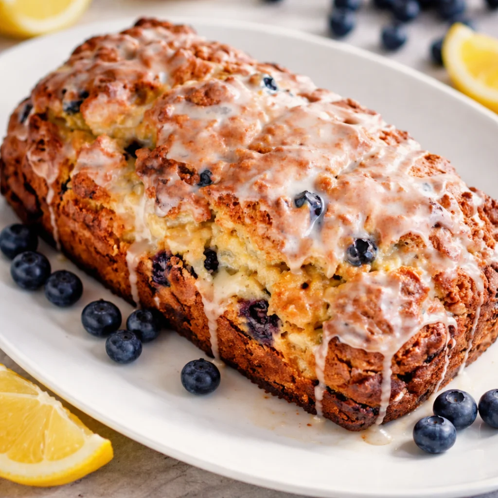Loaf of Sourdough Blueberry Lemon Quick Bread with fresh blueberries and lemon zest.