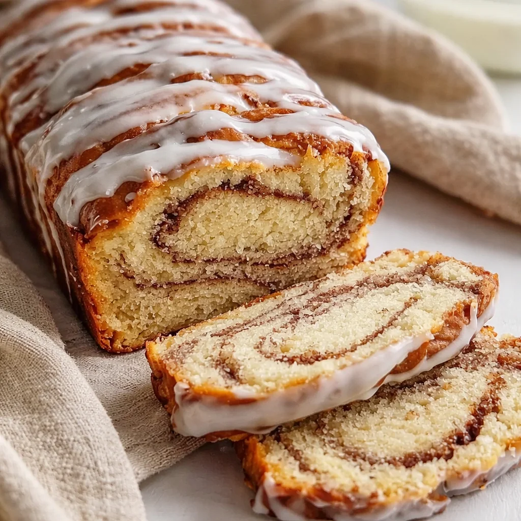 Delicious Sourdough Discard Cinnamon Quick Bread loaf drizzled with vanilla glaze.