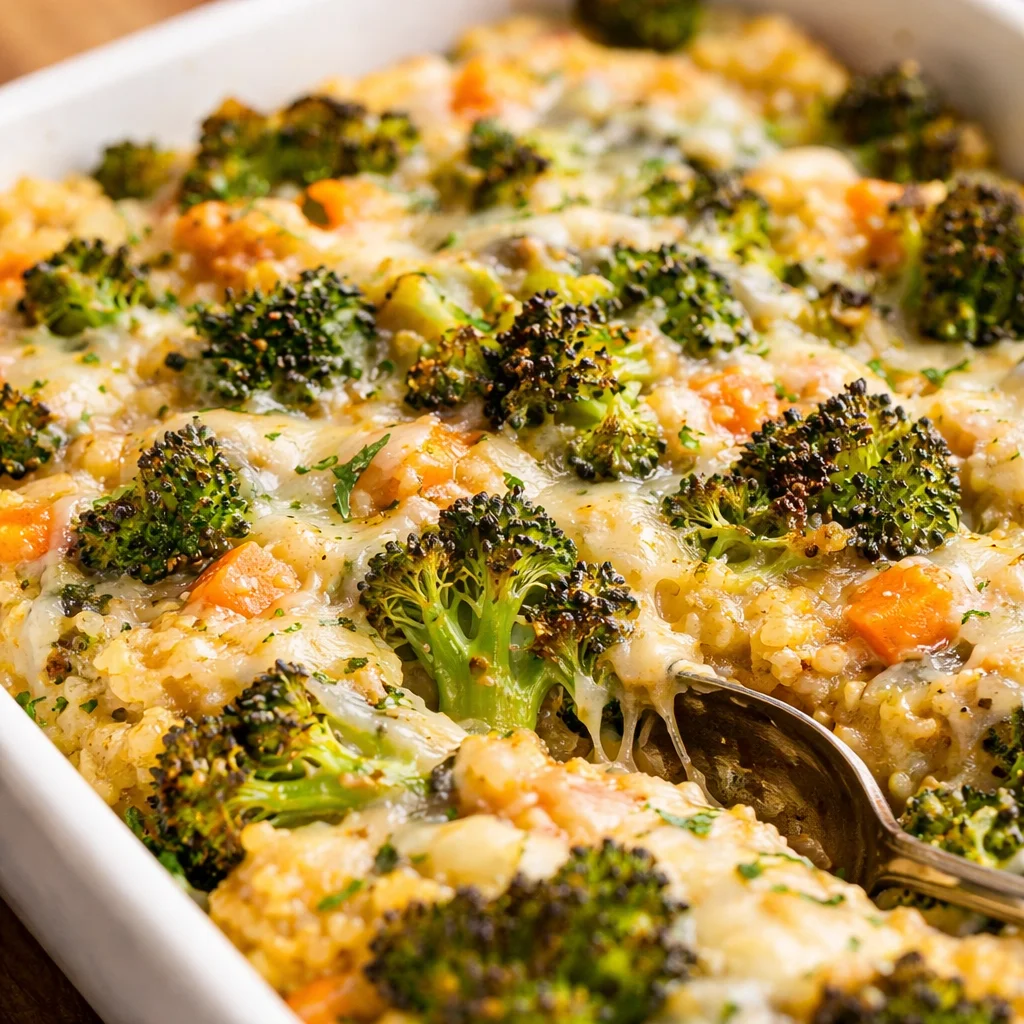Cheesy Quinoa Broccoli Casserole with broccoli and quinoa topped with melted cheese.