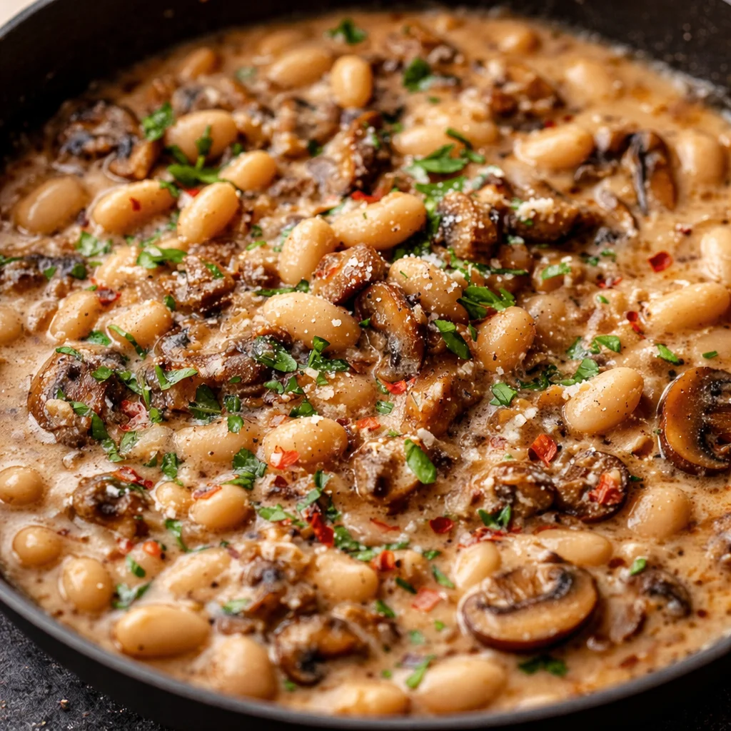 Creamy White Bean and Mushroom dish served in a bowl with herbs