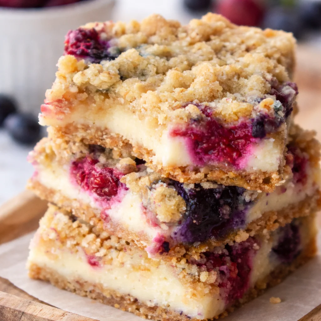 Blueberry Cream Cheese Bars with creamy filling and buttery oat crumble on a plate