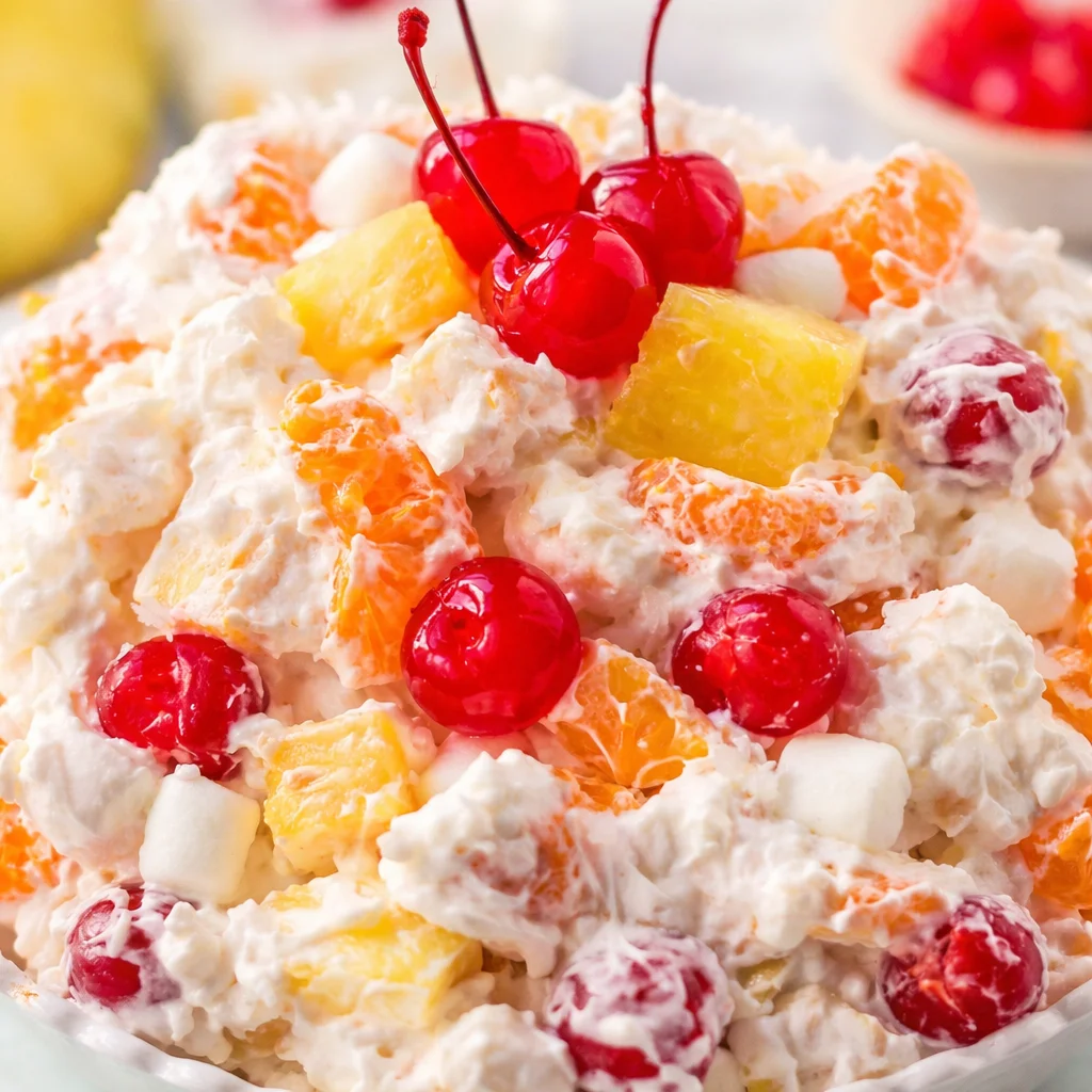 Delicious Ambrosia Salad with fruits and mini marshmallows in a creamy dressing