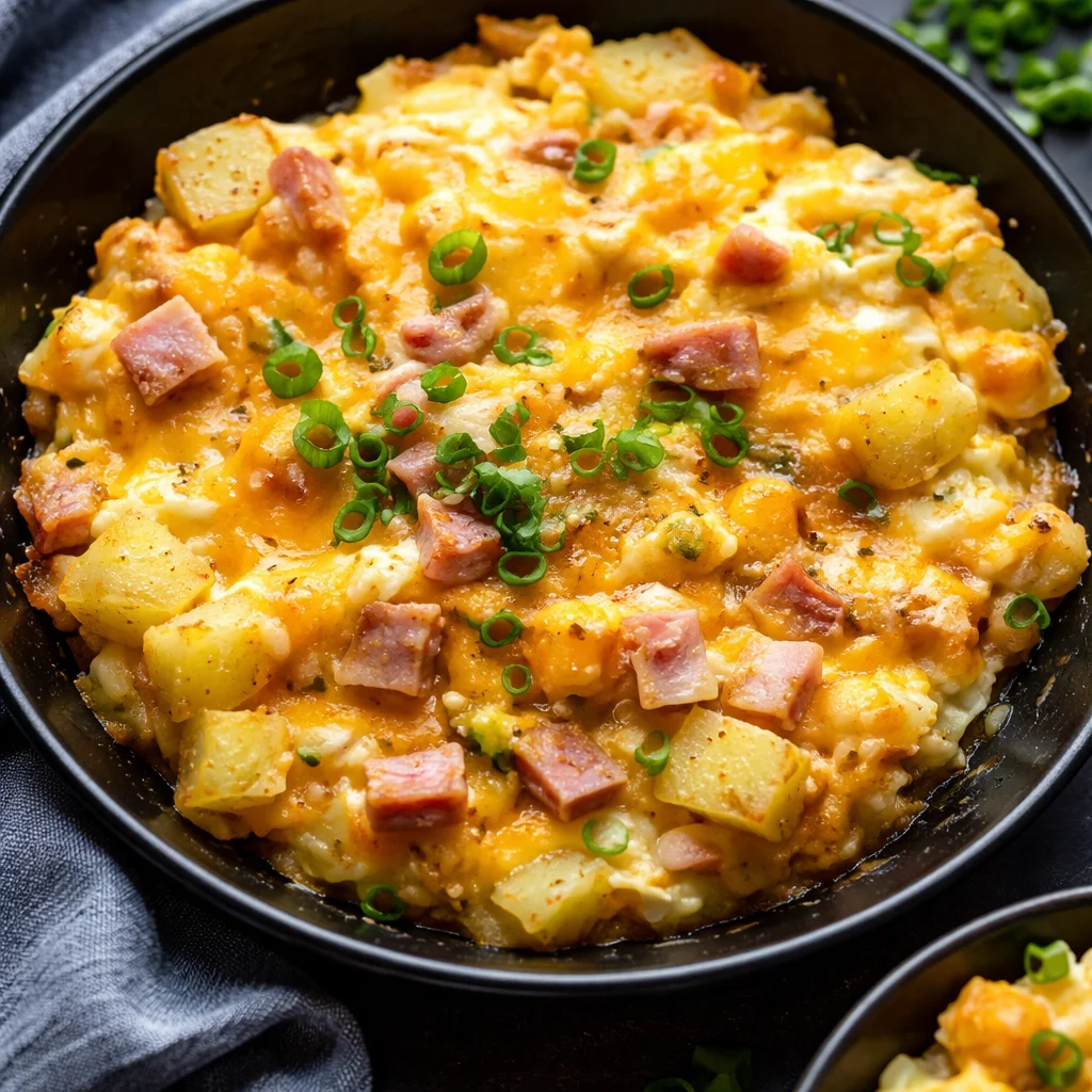Cheesy Potato Egg Scramble served in a skillet with eggs and melted cheese