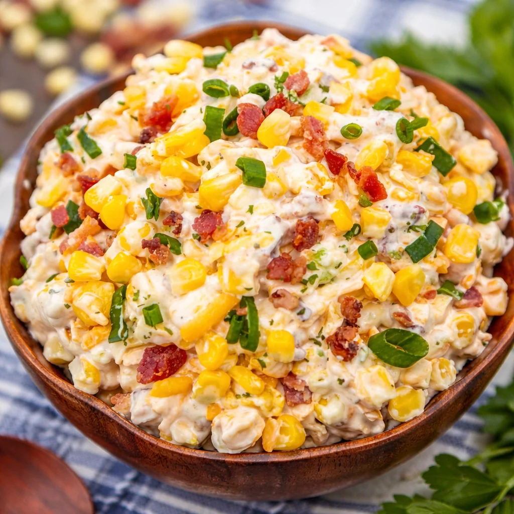 Delicious Crack Corn Salad with sweet corn, bacon, and creamy dressing.