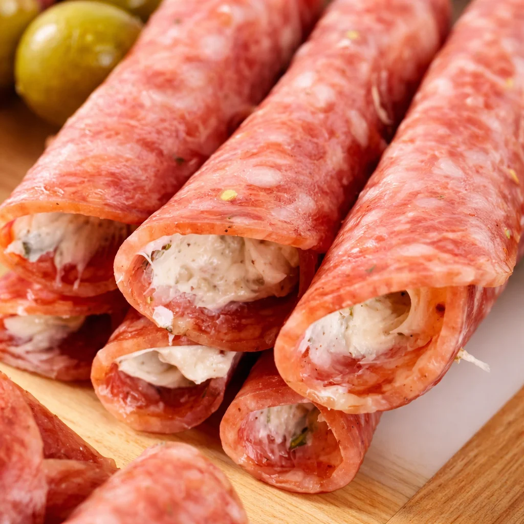 Delicious Cream Cheese Salami Roll Ups, a perfect appetizer for parties.