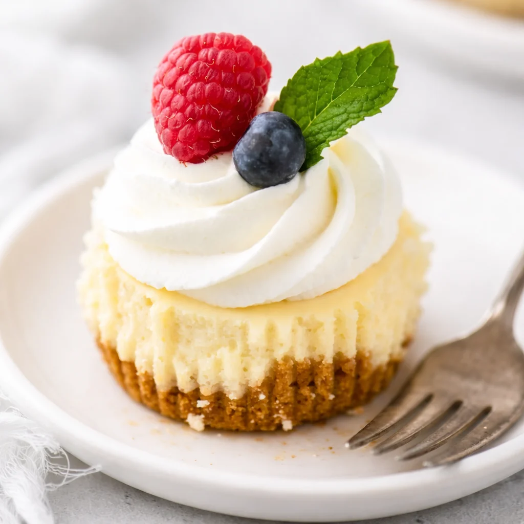 Delicious mini cheesecakes topped with fruit and drizzled with chocolate.