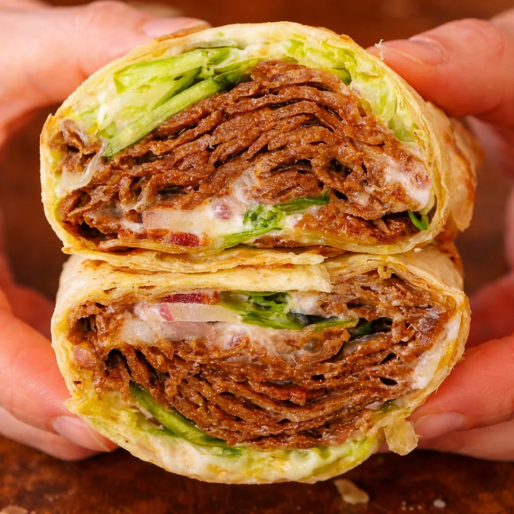 Viral homemade doner kebab with juicy meat, spices, and yogurt served on a plate.