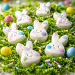 Colorful Easter Bunny Bark decorated with pastel candies and chocolate bunnies