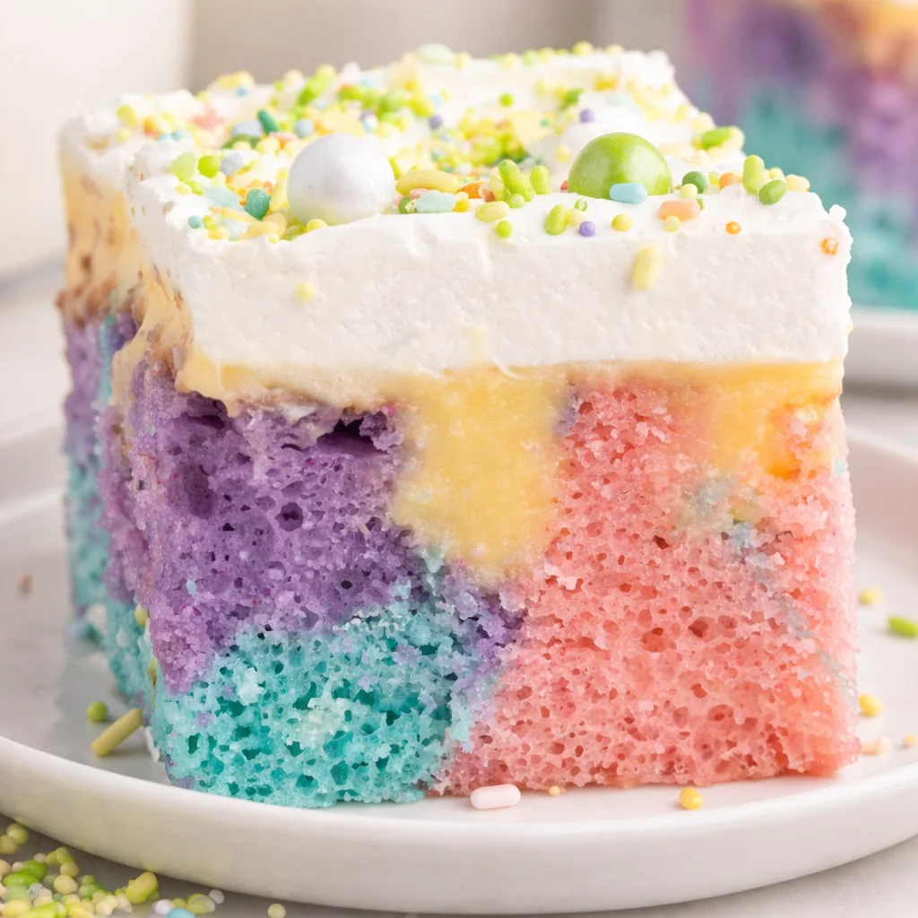 A vibrant Easter Poke Cake decorated with pastel colors and whipped cream.