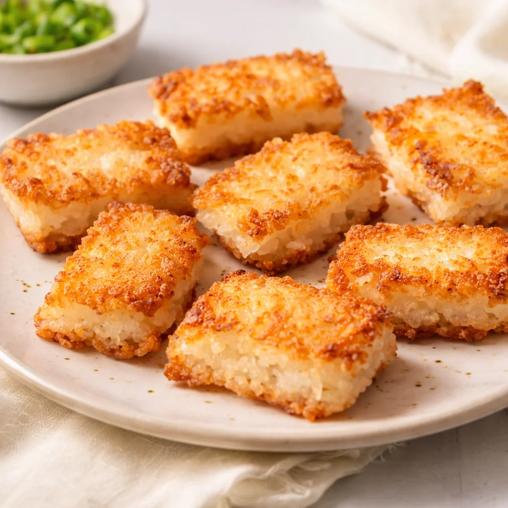 Delicious crispy rice served in a bowl topped with colorful ingredients.