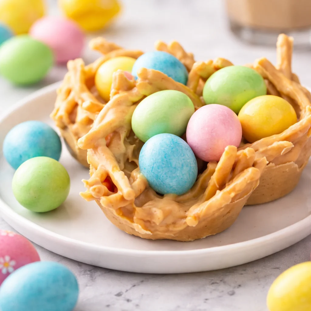Easter Egg Peanut Butter Haystacks made with chow mein noodles and chocolate eggs