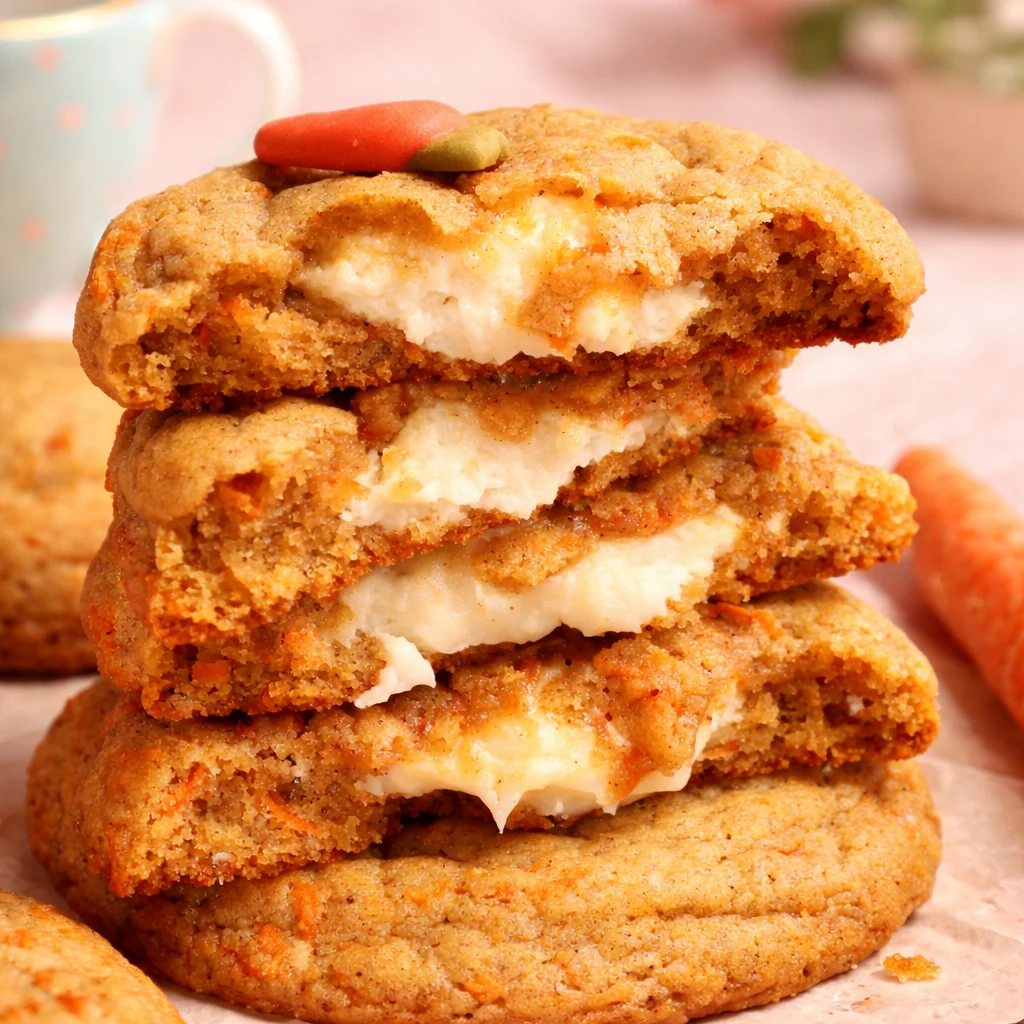 Chewy Carrot Cake Cookies topped with cream cheese frosting and a sprinkle of pecans.