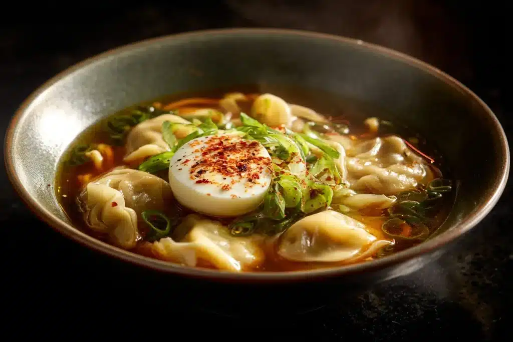 Delicious Dumpling Ramen Bowl with savory broth and dumplings.