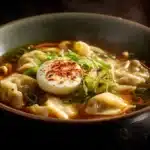 Delicious Dumpling Ramen Bowl with savory broth and dumplings.