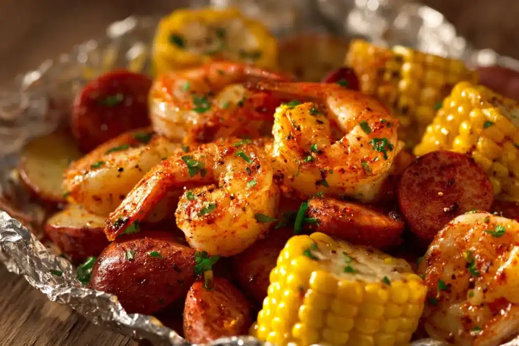 Delicious shrimp boil foil packets with shrimp, corn, and potatoes ready to serve