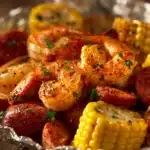 Delicious shrimp boil foil packets with shrimp, corn, and potatoes ready to serve