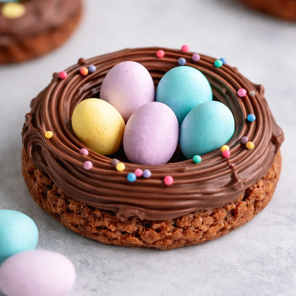Easter Birds Nest Cookies Recipe with chocolate and candy eggs on a pink background.