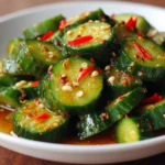 Bowl of Easy Asian Cucumber Salad with fresh vegetables and dressing