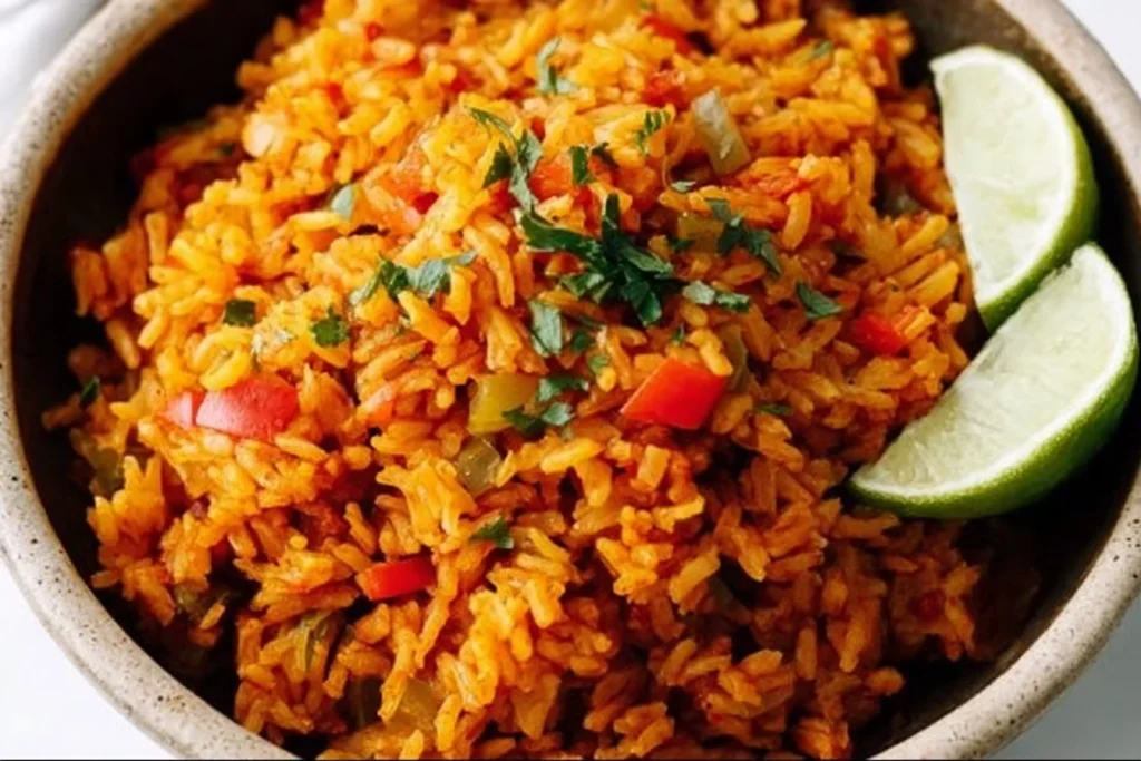 Bowl of easy Mexican rice garnished with cilantro and lime