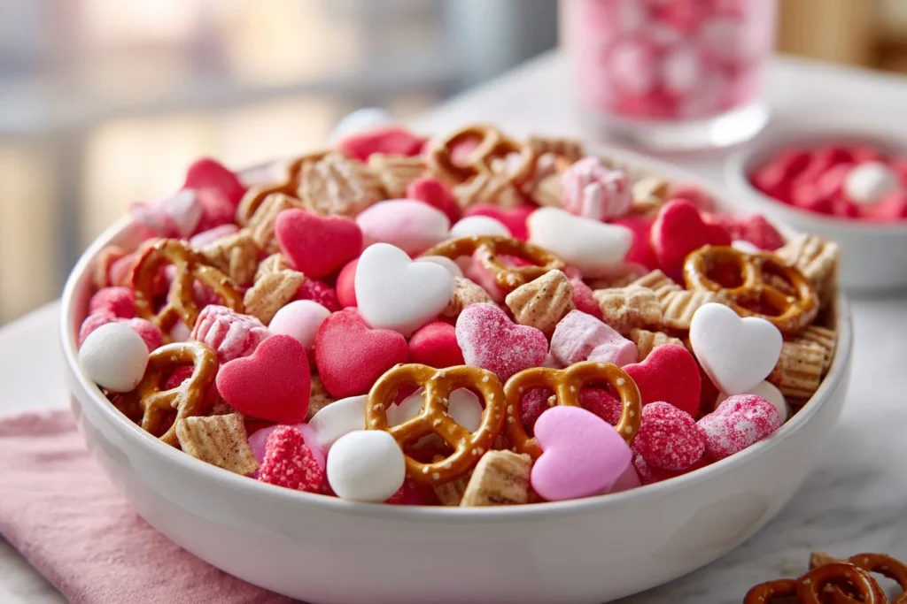 Easy no-bake Valentine's Day treat decorated with heart shapes.