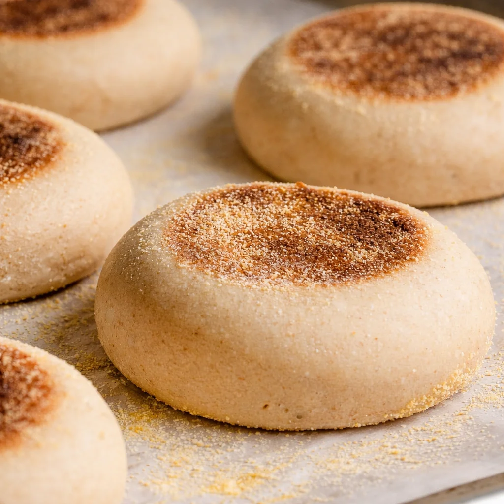 Freshly baked Sourdough Discard English Muffins on a cooling rack