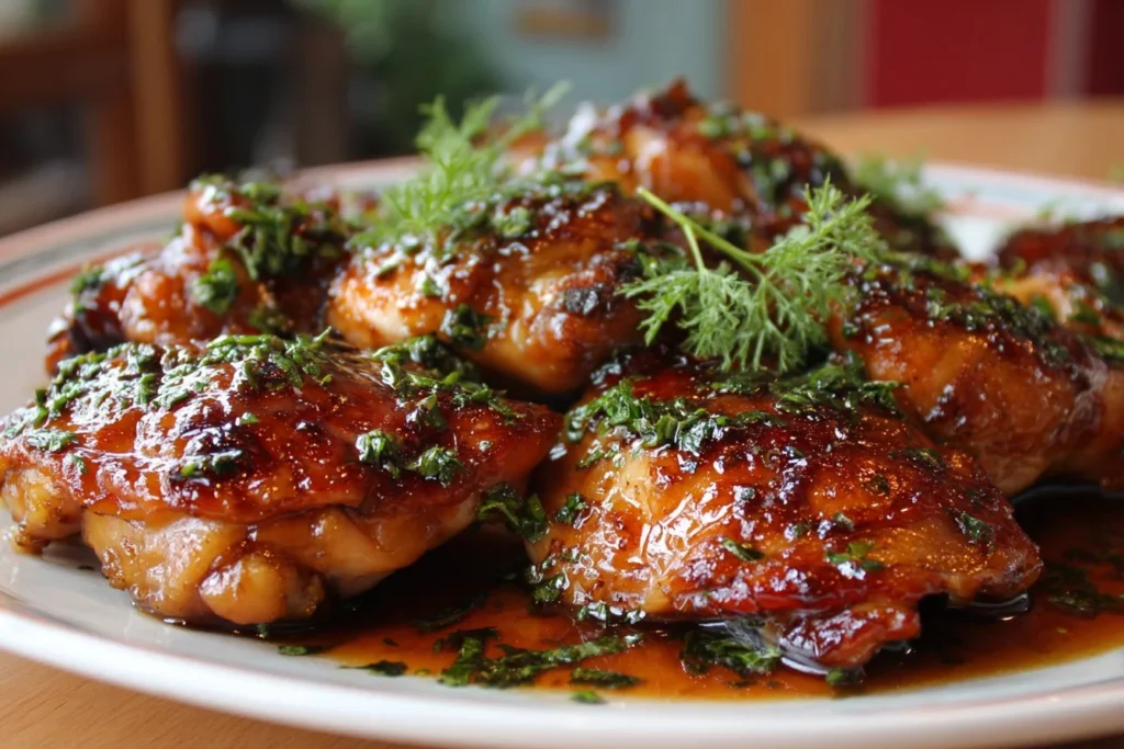 Plate of easy soy garlic chicken thighs garnished with green onions