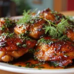 Plate of easy soy garlic chicken thighs garnished with green onions