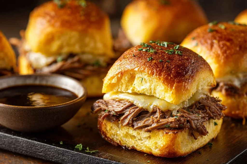 Delicious French Dip Sliders served with dipping sauce