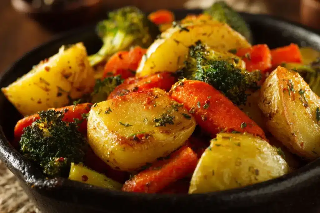 Delicious garlic herb roasted potatoes and mixed veggies on a plate.