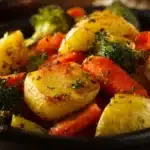 Delicious garlic herb roasted potatoes and mixed veggies on a plate.
