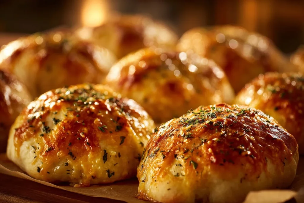 Garlic Parmesan Cheeseburger Bombs served with dipping sauce on a plate.