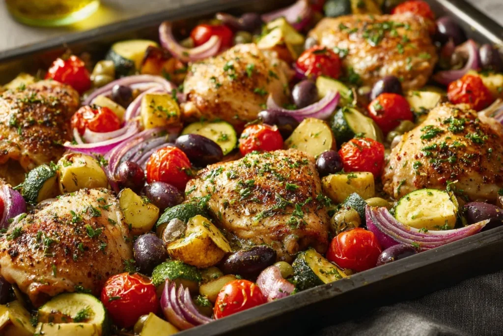 Delicious Greek Sheet Pan Chicken with roasted vegetables and herbs