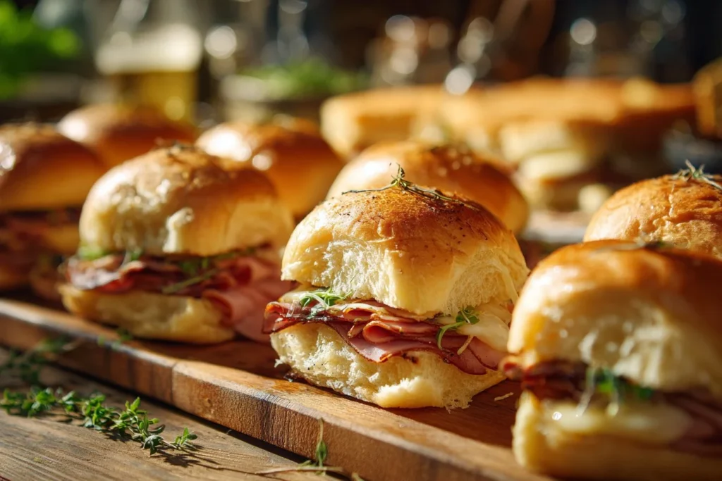 Savory ham and cheese sliders served on a platter, perfect for parties.