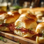 Savory ham and cheese sliders served on a platter, perfect for parties.