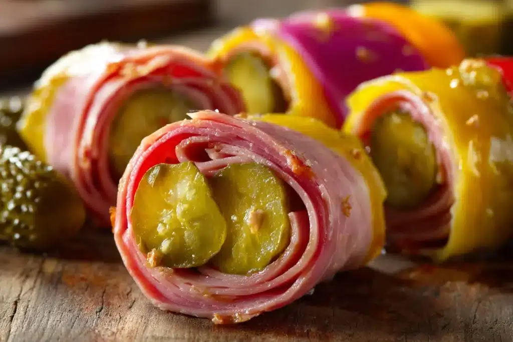 Ham and Pickle Roll-ups with Cream Cheese on a platter